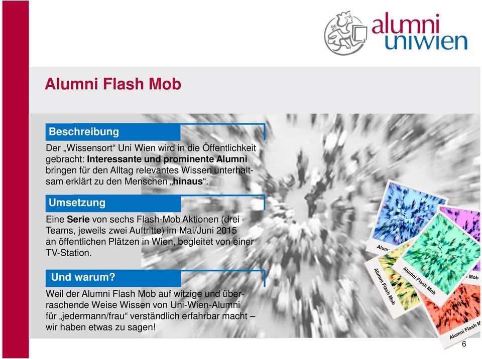 Umsetzung Eine Serie von sechs Flash-Mob Aktionen (drei Teams, jeweils zwei Auftritte) im Mai/Juni 2015 an öffentlichen Plätzen in Wien,
