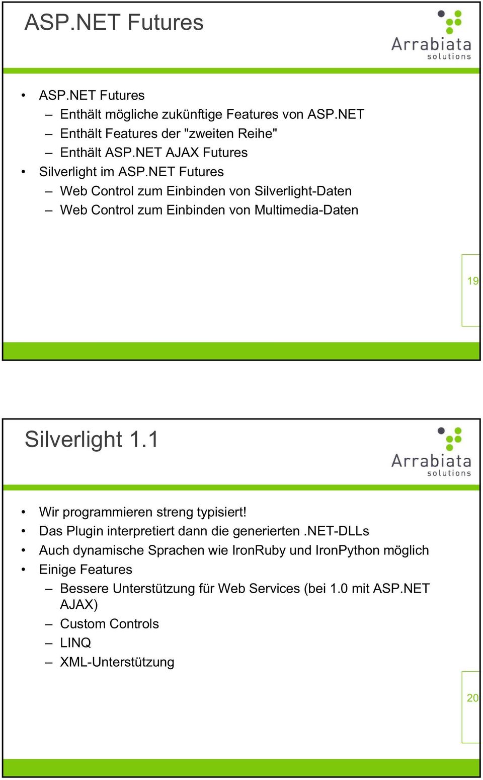 NET Futures Web Control zum Einbinden von Silverlight-Daten Web Control zum Einbinden von Multimedia-Daten 19 Silverlight 1.