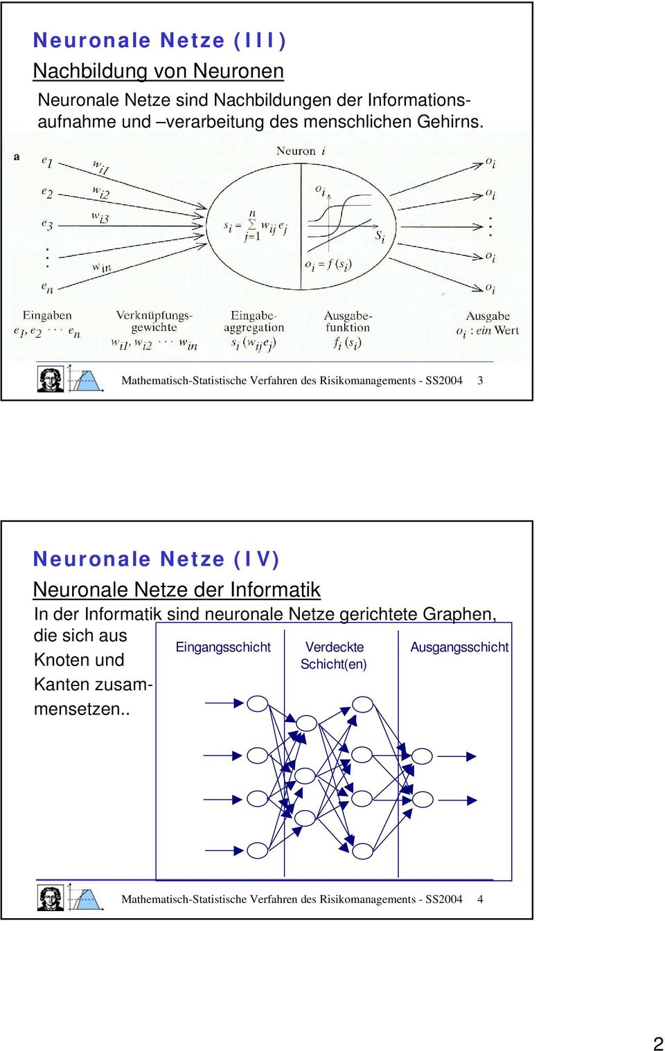 Mathematisch-Statistische Verfahren des Risikomanagements - SS2004 3 Neuronale Netze (IV) Neuronale Netze der Informatik In