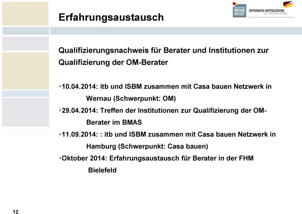 09.2014: : itb und ISBM zusammen mit Casa bauen Netzwerk in Hamburg (Schwerpunkt: Casa bauen) Oktober 2014: