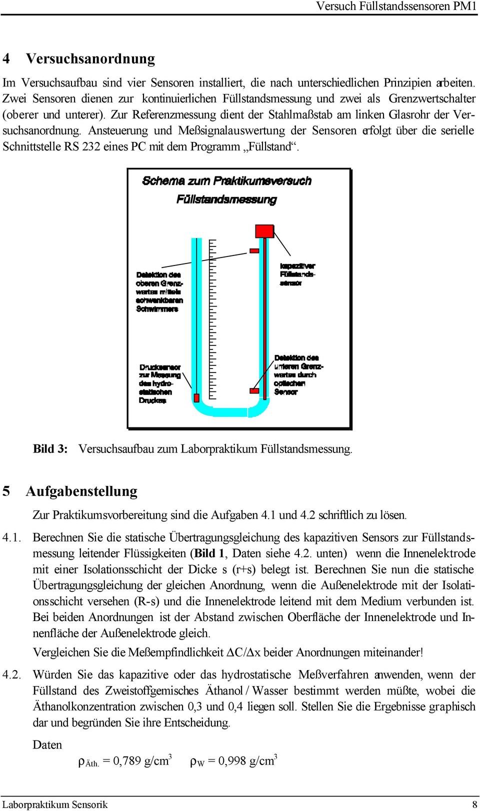 Ansteueung und Meßsignalauswetung de Sensoen efolgt übe die seielle Schnittstelle RS 232 eines PC mit dem Pogamm Füllstand. Bild 3: Vesuchsaufbau zum Labopaktikum Füllstandsmessung.