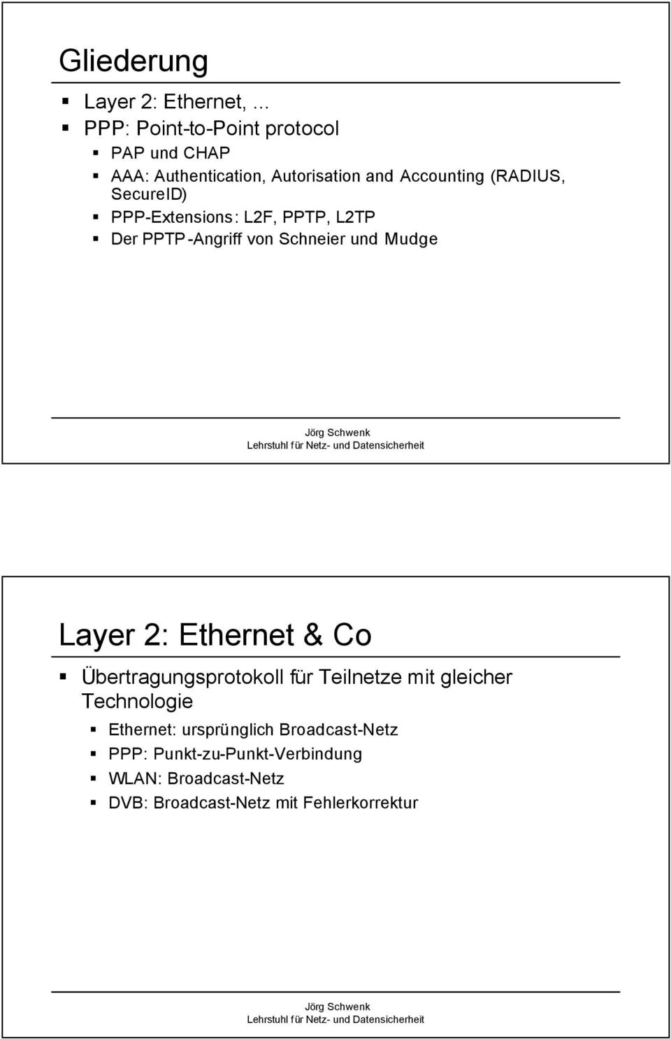 SecureID) PPP-Extensions: L2F, PPTP, L2TP Der PPTP -Angriff von Schneier und Mudge Layer 2: Ethernet & Co