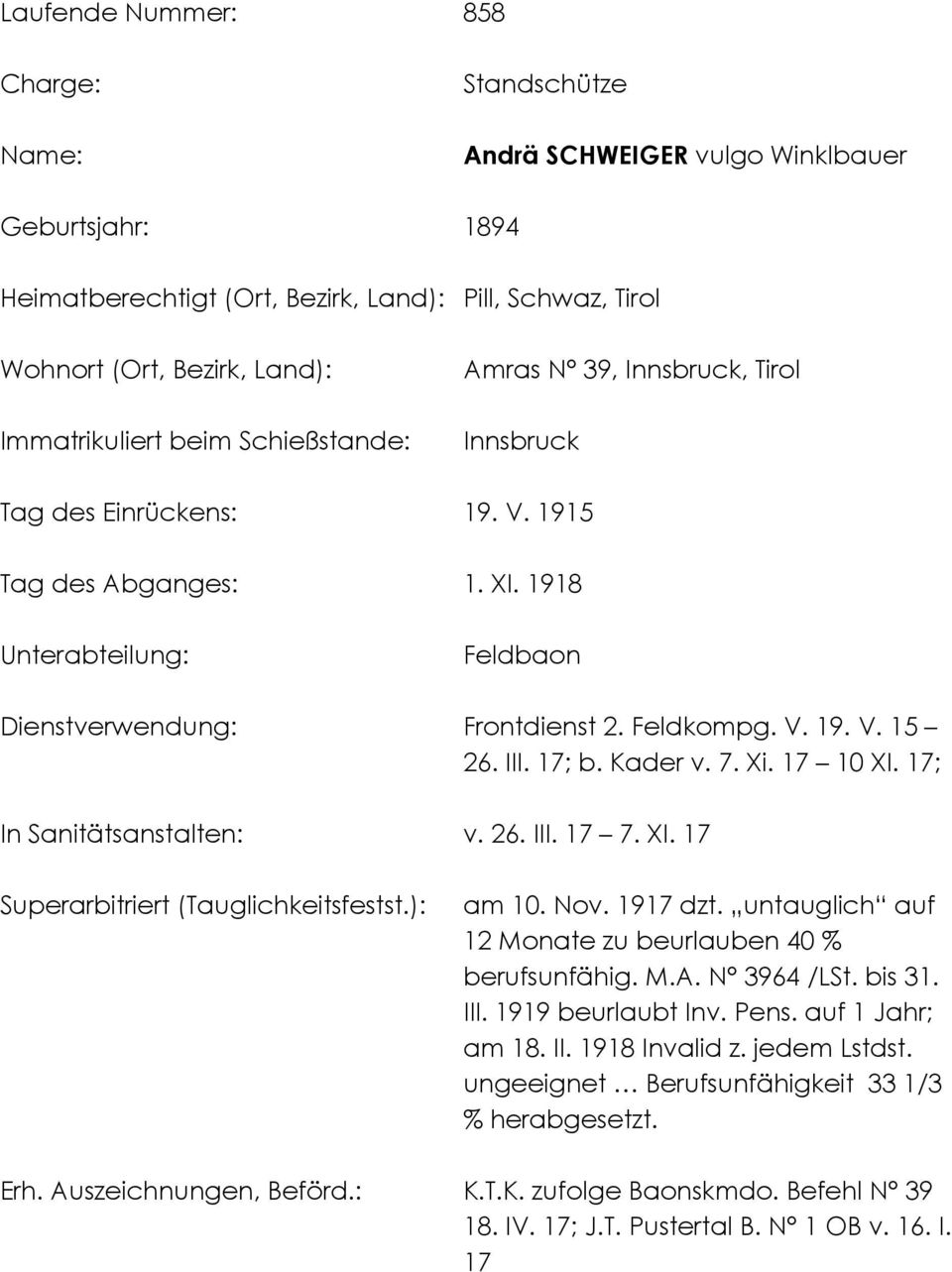 ): am 10. Nov. 1917 dzt. untauglich auf 12 Monate zu beurlauben 40 % berufsunfähig. M.A. N 3964 /LSt. bis 31. III. 1919 beurlaubt Inv. Pens. auf 1 Jahr; am 18. II. 1918 Invalid z. jedem Lstdst.