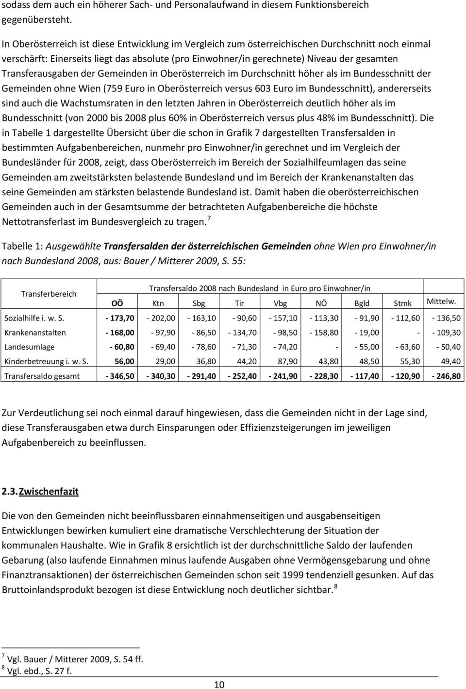 Transferausgaben der Gemeinden in Oberösterreich im Durchschnitt höher als im Bundesschnitt der Gemeinden ohne Wien (759 Euro in Oberösterreich versus 603 Euro im Bundesschnitt), andererseits sind
