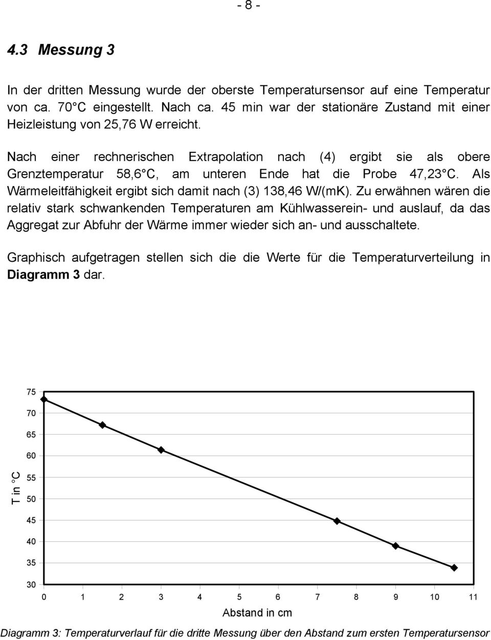 Nach einer rechnerischen Extrapolation nach (4) ergibt sie als obere Grenztemperatur 58,6 C, am unteren Ende hat die Probe 47,23 C. Als Wärmeleitfähigkeit ergibt sich damit nach (3) 138,46 W/(mK).