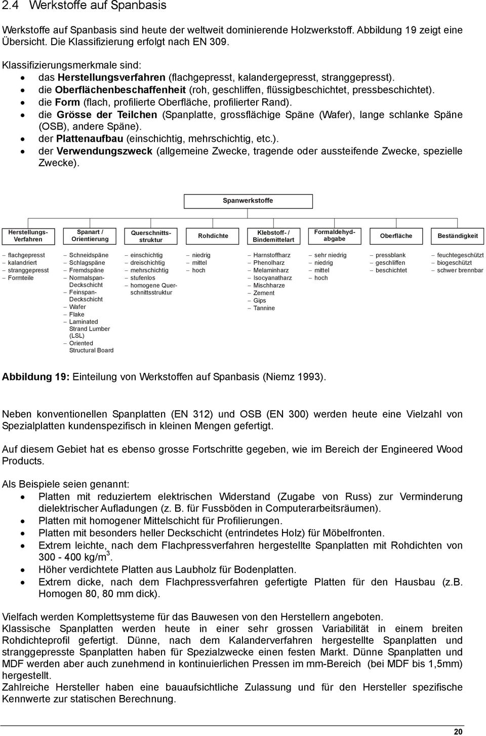 die Form (flach, profilierte Oberfläche, profilierter Rand). die Grösse der Teilchen (Spanplatte, grossflächige Späne (Wafer), lange schlanke Späne (OSB), andere Späne).