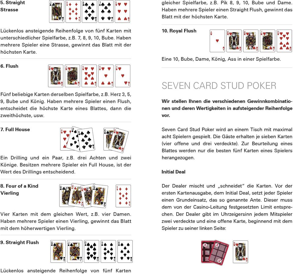 6. Flush SEVEN CARD STUD POKER Fünf beliebige Karten derselben Spielfarbe, z.b. Herz 3, 5, 9, Bube und König.
