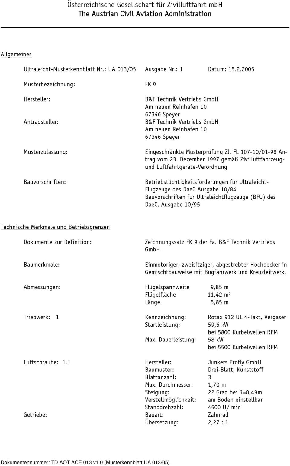 10 67346 Speyer Eingeschränkte Musterprüfung Zl. FL 107-10/01-98 Antrag vom 23.