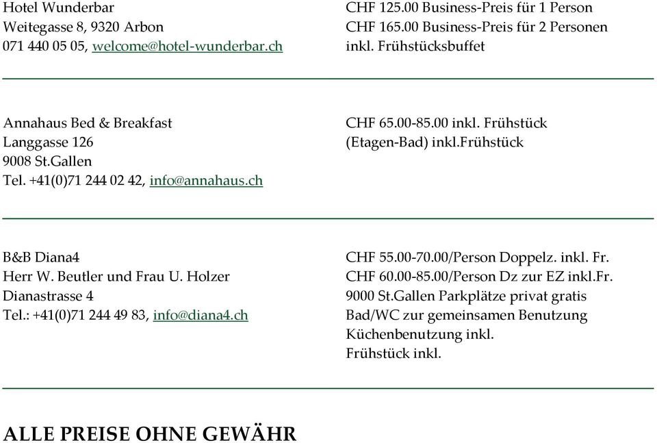 +41(0)71 244 02 42, info@annahaus.ch CHF 65.00-85.00 (Etagen-Bad) inkl.frühstück B&B Diana4 Herr W. Beutler und Frau U. Holzer Dianastrasse 4 Tel.