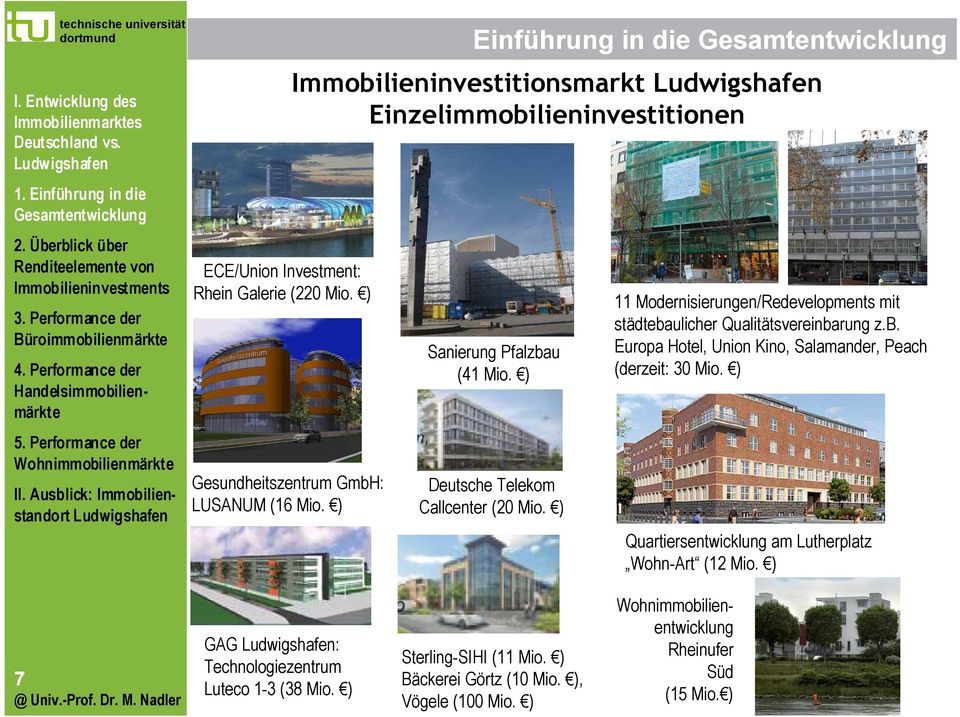 ) 11 Modernisierungen/Redevelopments mit städtebaulicher Qualitätsvereinbarung z.b. Europa Hotel, Union Kino, Salamander, Peach (derzeit: 30 Mio.