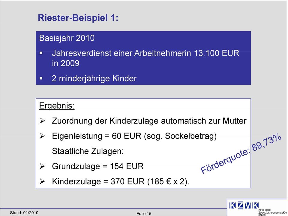 100100 EUR in 2009 2 minderjährige Kinder Ergebnis: Zuordnung der Kinderzulage