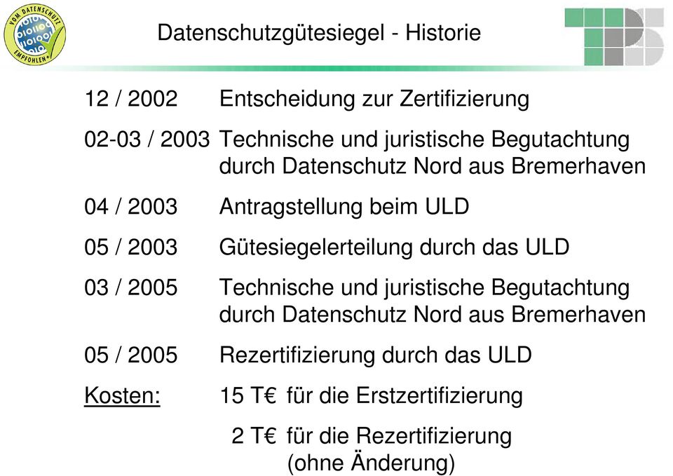 Gütesiegelerteilung durch das ULD 03 / 2005 Technische und juristische Begutachtung durch Datenschutz Nord aus