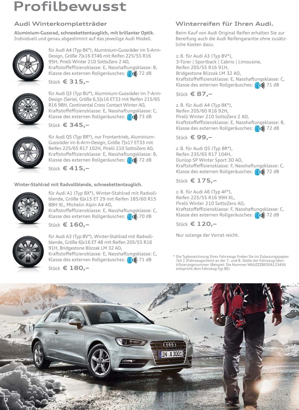 Audi Q3 (Typ 8U*), Aluminium-Gussräder im 7-Arm- Design (Serie), Größe 6,5Jx16 ET33 mit Reifen 215/65 R16 98H, Continental Cross Contact Winter AO, Kraftstoffeffizienzklasse: E, Nasshaftungsklasse: