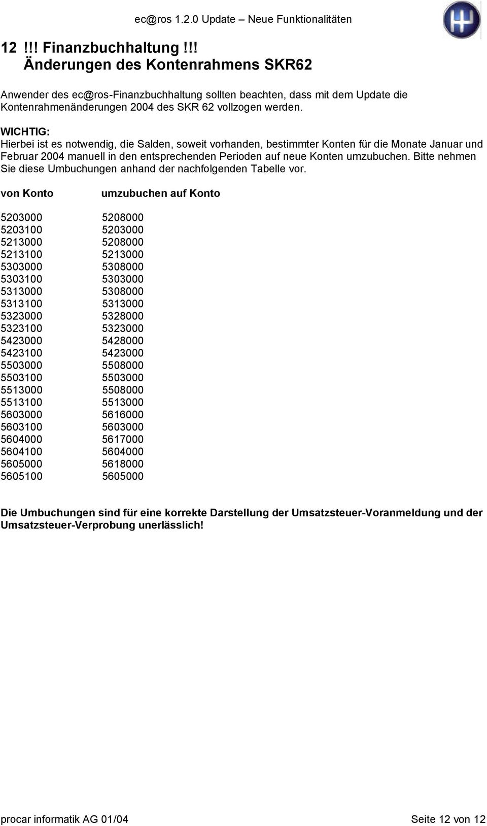 Bitte nehmen Sie diese Umbuchungen anhand der nachfolgenden Tabelle vor.