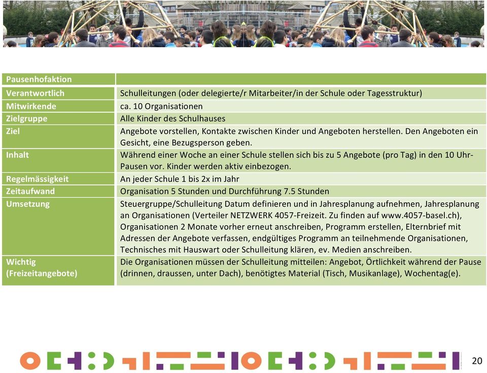 "10"organisationen" Alle"Kinder"des"Schulhauses"" Angebote"vorstellen,"Kontakte"zwischen"Kinder"und"Angeboten"herstellen."Den"Angeboten"ein" Gesicht,"eine"Bezugsperson"geben.