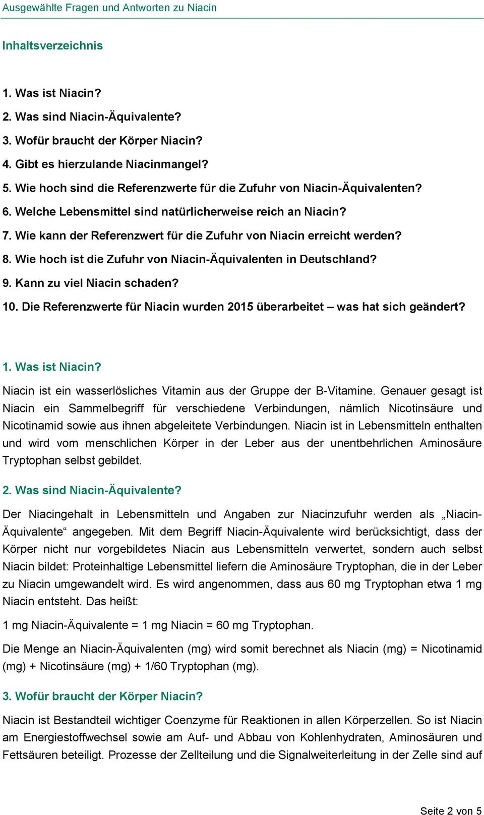 Wie kann der Referenzwert für die Zufuhr von Niacin erreicht werden? 8. Wie hoch ist die Zufuhr von Niacin-Äquivalenten in Deutschland? 9. Kann zu viel Niacin schaden? 10.