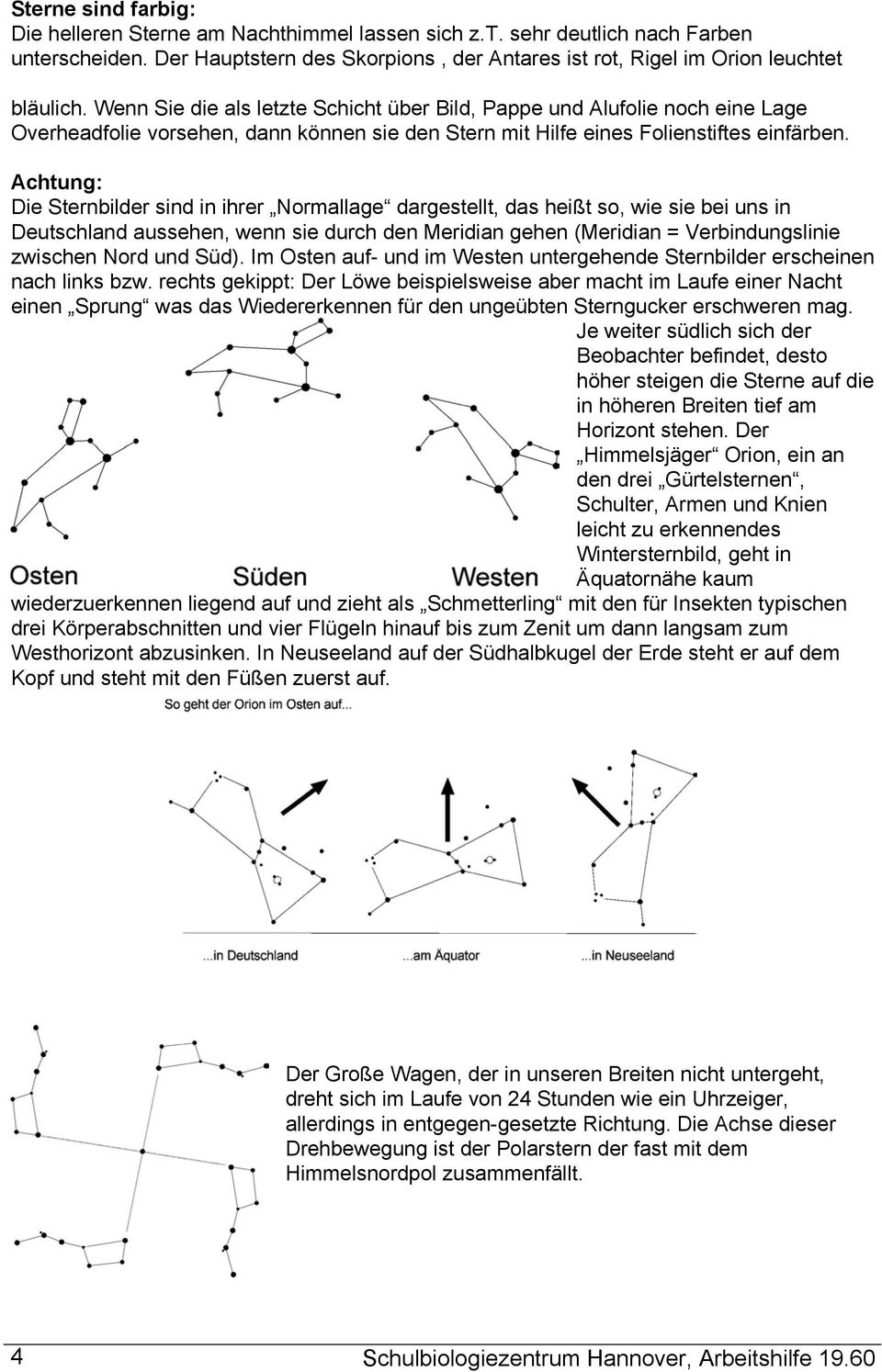 Achtung: Die Sternbilder sind in ihrer Normallage dargestellt, das heißt so, wie sie bei uns in Deutschland aussehen, wenn sie durch den Meridian gehen (Meridian = Verbindungslinie zwischen Nord und