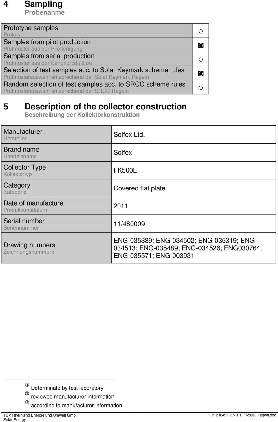 to SRCC scheme rules Prüfmusterauswahl entsprechend der SRCC Regeln 5 Description of the collector construction; Beschreibung der Kollektorkonstruktion Manufacturer Hersteller Brand name Handelsname