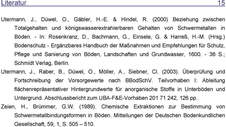 - 36 S.; Schmidt Verlag, Berlin. Utermann, J., Raber, B., Düwel, O., Möller, A., Siebner, Cl. (23). Überprüfung und Fortschreibung der Vorsorgewerte nach BBodSchV.