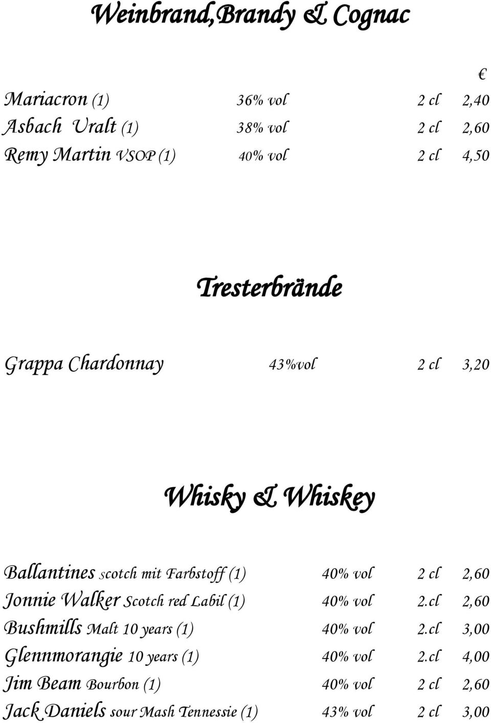 cl 2,60 Jonnie Walker Scotch red Labil (1) 40% vol 2.cl 2,60 Bushmills Malt 10 years (1) 40% vol 2.