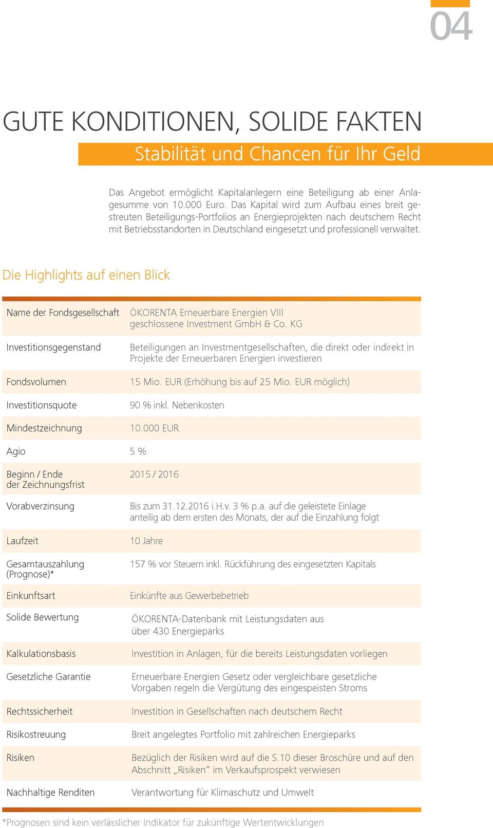 Die Highlights auf einen Blick Name der Fondsgesellschaft Investitionsgegenstand Fondsvolumen Investitionsquote Mindestzeichnung ÖKORENTA Erneuerbare Energien VIII geschlossene Investment GmbH & Co.