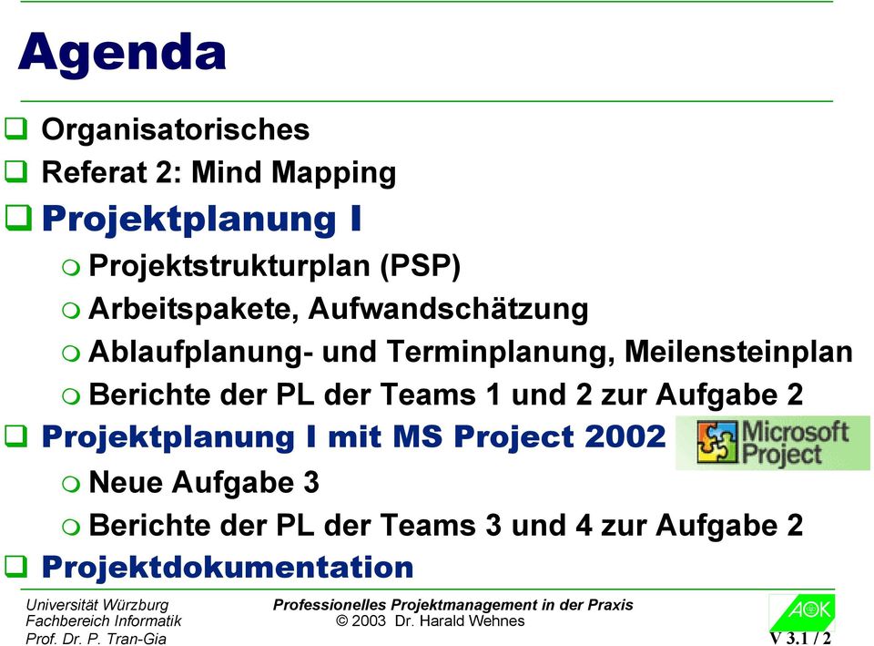 der PL der Teams 1 und 2 zur Aufgabe 2 Projektplanung I mit MS Project 2002 Neue Aufgabe 3