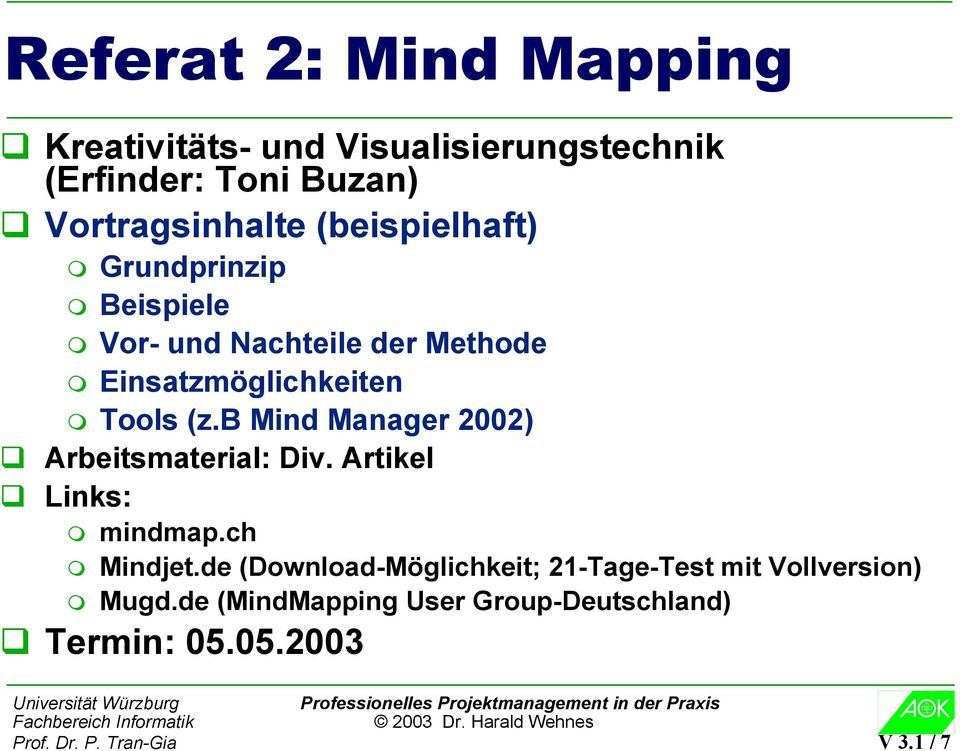 b Mind Manager 2002) Arbeitsmaterial: Div. Artikel Links: mindmap.ch Mindjet.