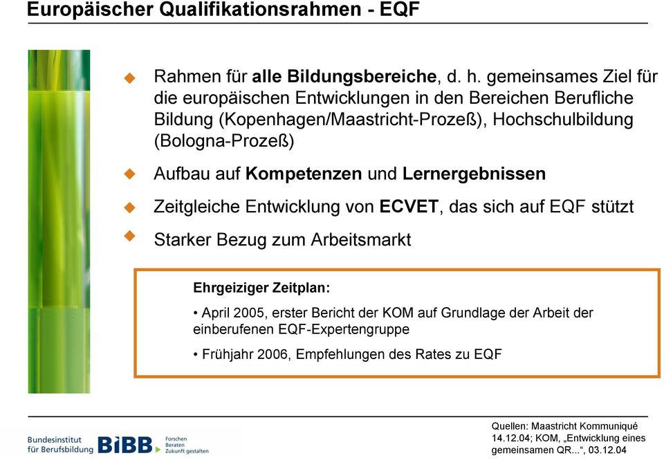 Aufbau auf Kompetenzen und Lernergebnissen Zeitgleiche Entwicklung von ECVET, das sich auf EQF stützt Starker Bezug zum Arbeitsmarkt Ehrgeiziger Zeitplan: