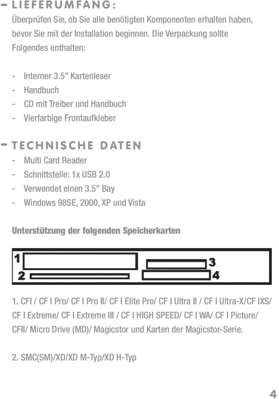 5 Kartenleser - Handbuch - CD mit Treiber und Handbuch - Vierfarbige Frontaufkleber T E C H N I S C H E D AT E N - Multi Card Reader - Schnittstelle: 1x USB 2.