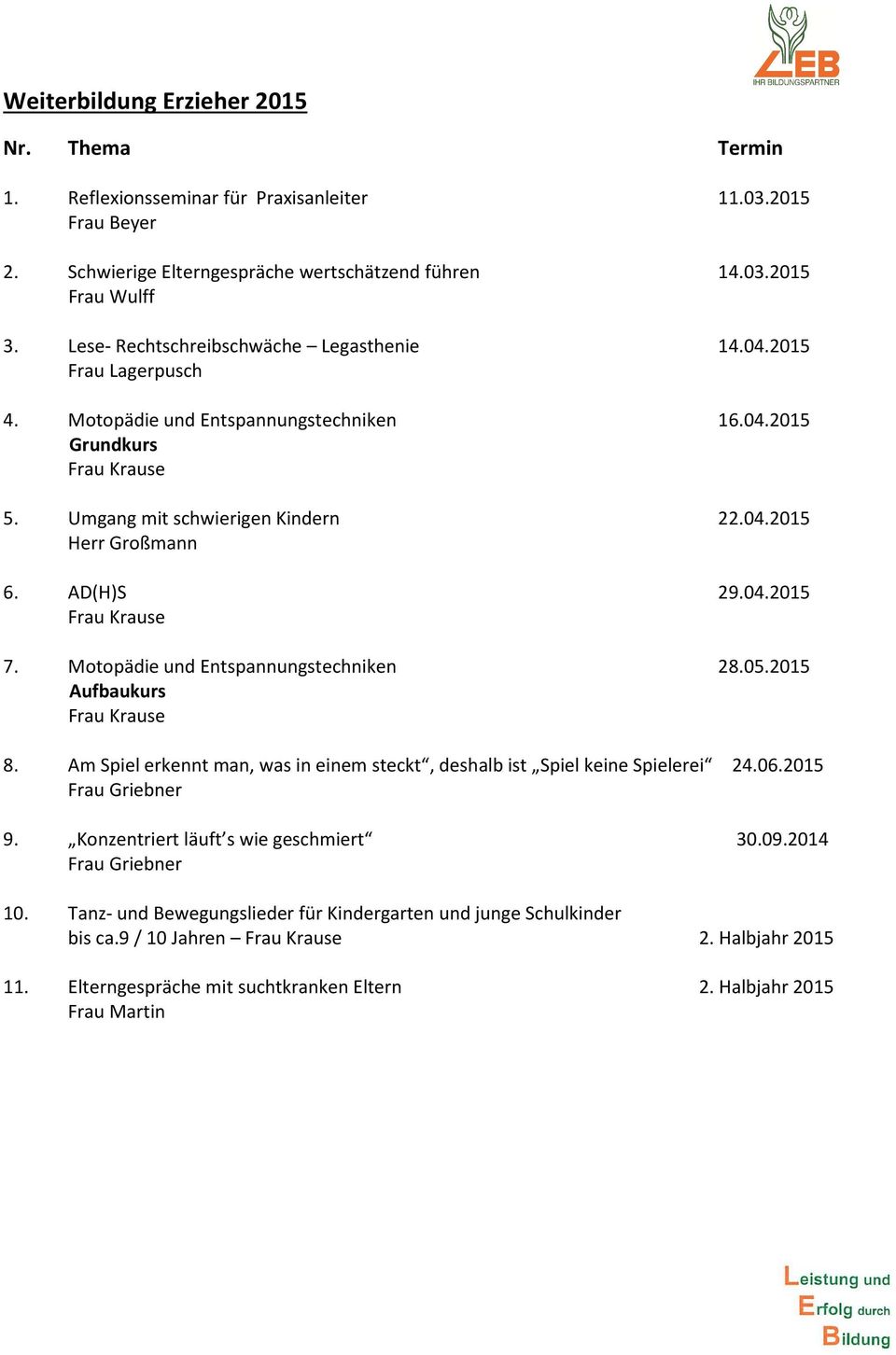 AD(H)S 29.04.2015 Frau Krause 7. Motopädie und Entspannungstechniken 28.05.2015 Aufbaukurs Frau Krause 8. Am Spiel erkennt man, was in einem steckt, deshalb ist Spiel keine Spielerei 24.06.