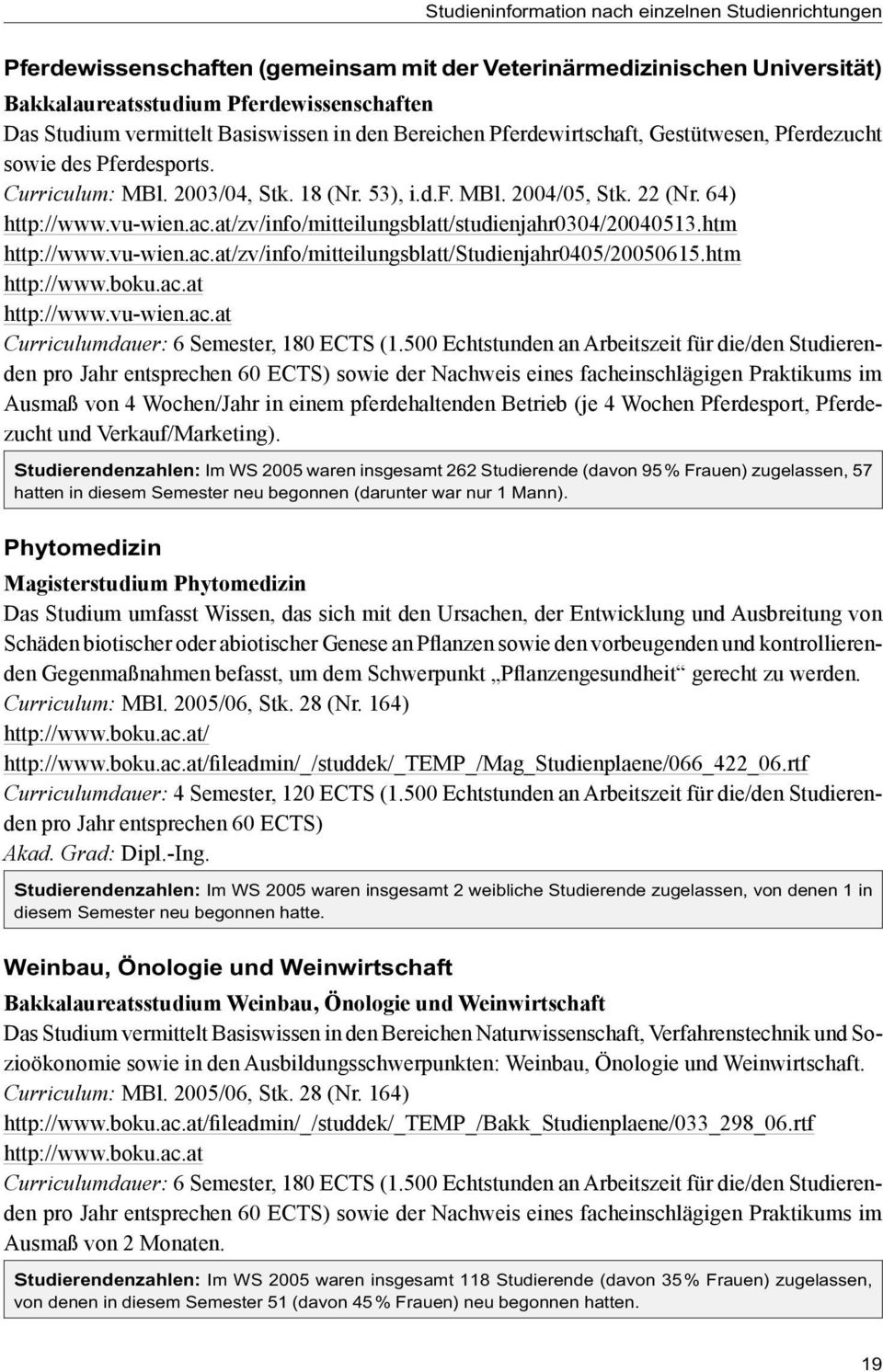 at/zv/info/mitteilungsblatt/studienjahr0304/20040513.htm http://www.vu-wien.ac.at/zv/info/mitteilungsblatt/studienjahr0405/20050615.htm http://www.boku.ac.at http://www.vu-wien.ac.at Curriculumdauer: 6 Semester, 180 ECTS (1.