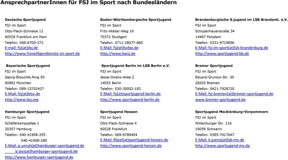 fsj(at)dsj.de E-Mail: fsj(at)lsvbw.de E-Mail: fsj-im-sport(at)lsb-brandenburg.de http://www.freiwilligendienste-im-sport.de http://www.bwsj.de http://www.sportjugend-bb.