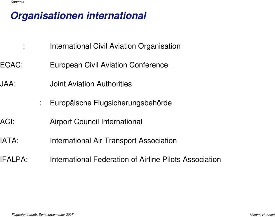 Flugsicherungsbehörde ACI: IATA: IFALPA: Airport Council International