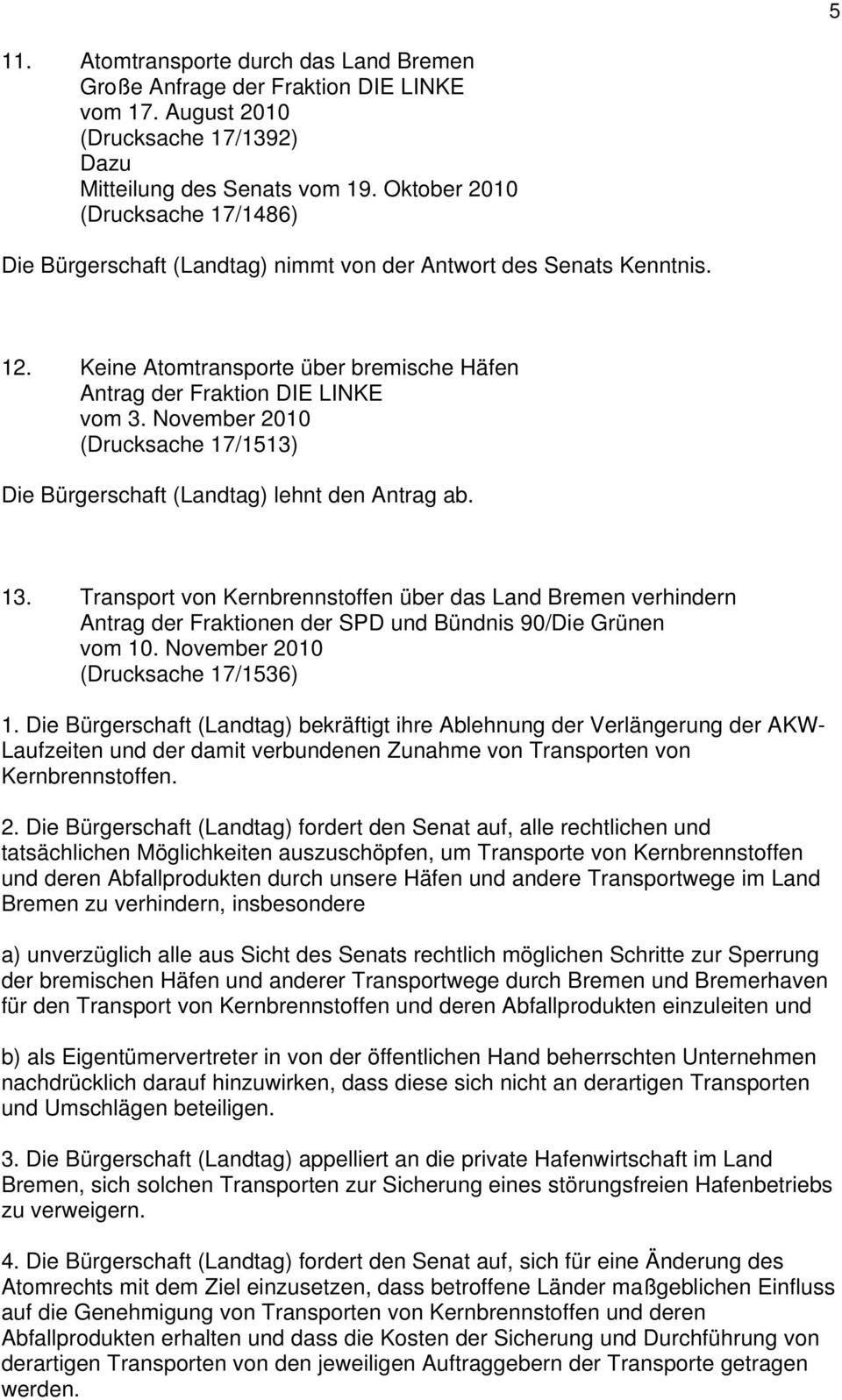 November 2010 (Drucksache 17/1513) Die Bürgerschaft (Landtag) lehnt den Antrag ab. 13. Transport von Kernbrennstoffen über das Land Bremen verhindern vom 10. November 2010 (Drucksache 17/1536) 1.