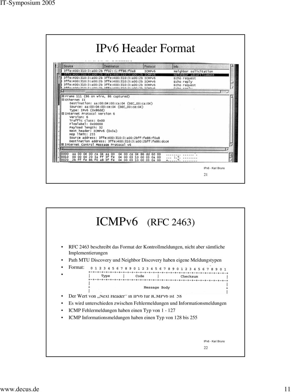 Header in IPv6 für ICMPv6 ist 58 Es wird unterschieden zwischen Fehlermeldungen und Informationsmeldungen ICMP