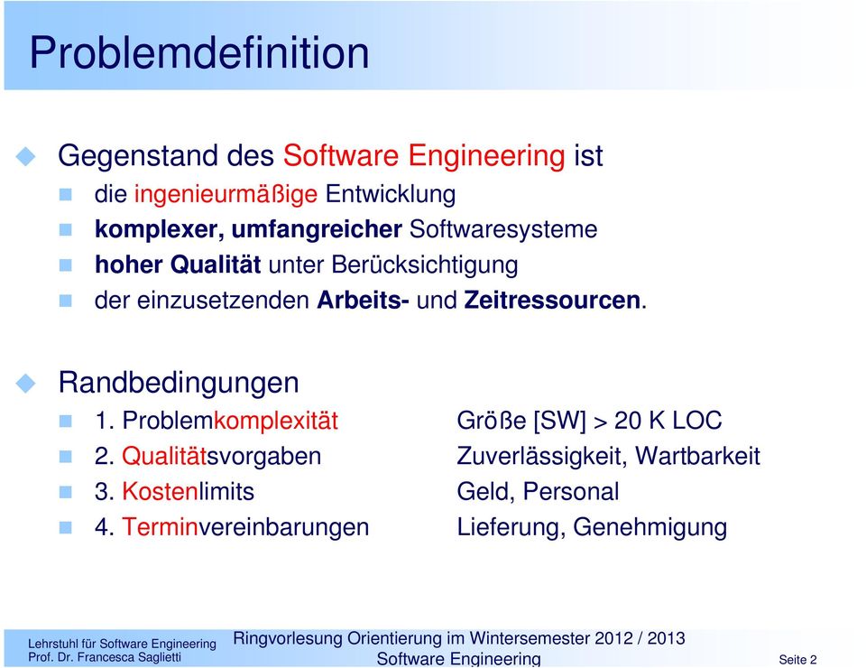 Zeitressourcen. Randbedingungen 1. Problemkomplexität 2. Qualitätsvorgaben 3. Kostenlimits 4.