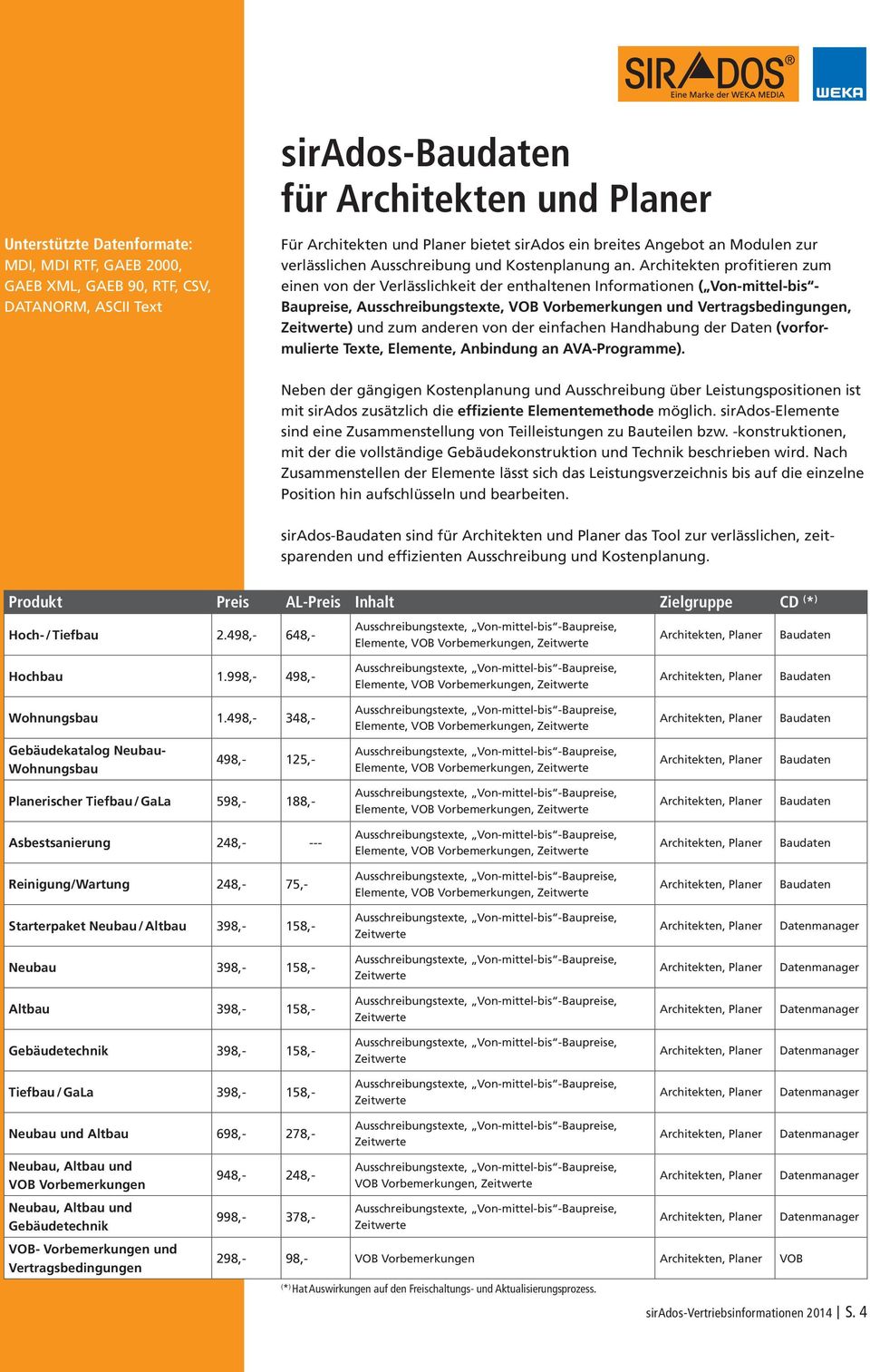 Architekten profitieren zum einen von der Verlässlichkeit der enthaltenen Informationen ( Von-mittel-bis - Baupreise, Ausschreibungstexte, VOB Vorbemerkungen und Vertragsbedingungen, ) und zum