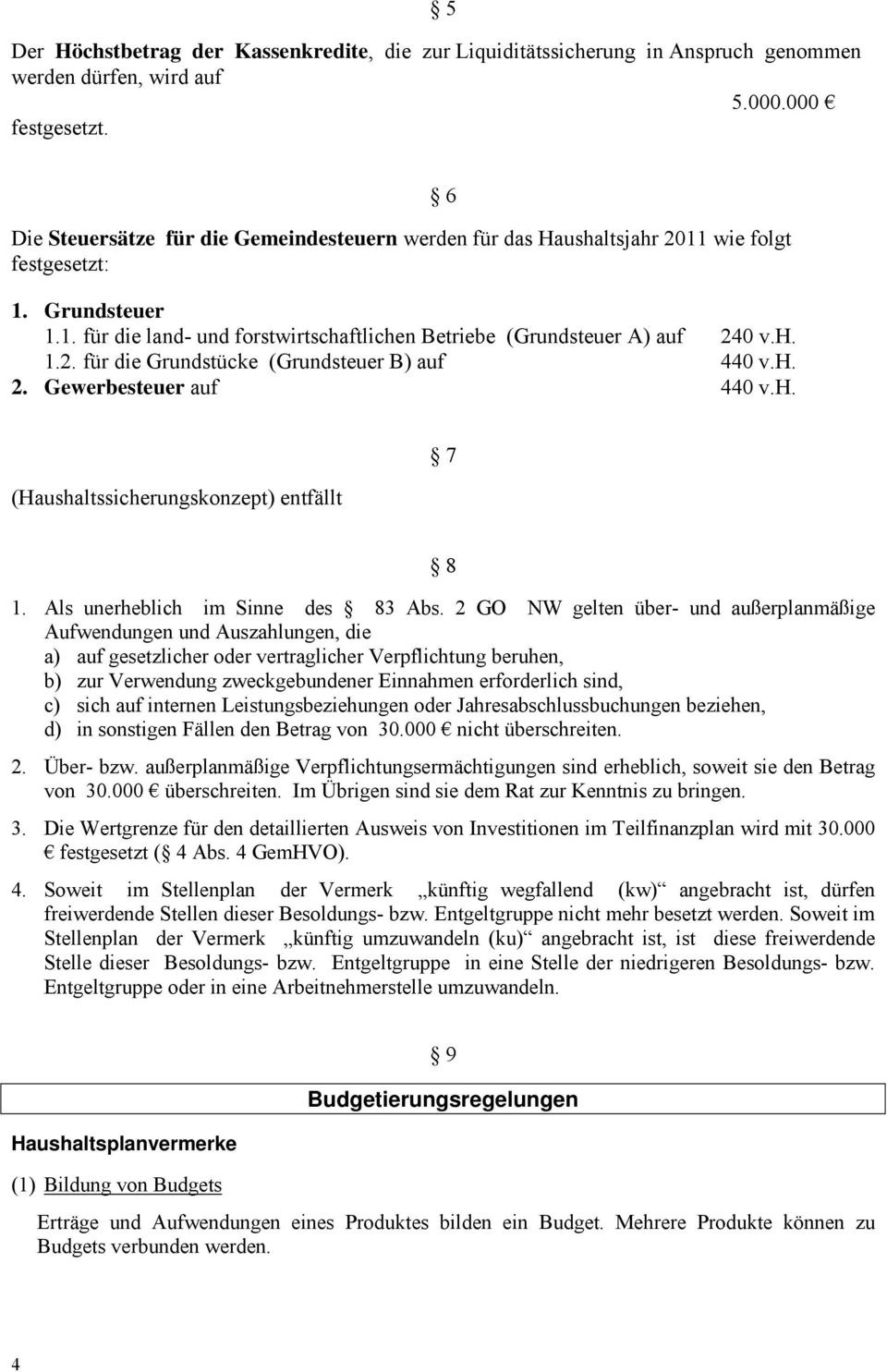 Grundsteuer 1.1. für die land- und forstwirtschaftlichen Betriebe (Grundsteuer A) auf 240 v.h. 1.2. für die Grundstücke (Grundsteuer B) auf 440 v.h. 2. Gewerbesteuer auf 440 v.h. 6 (Haushaltssicherungskonzept) entfällt 7 8 1.