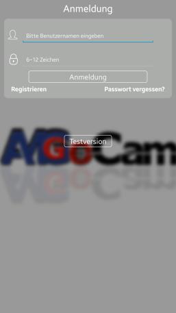 2 Wege der Nutzung der App AMGoCam: 1. Sie können ohne Anmeldung auf Testversion klicken und Benutzername und Passwort leer lassen.