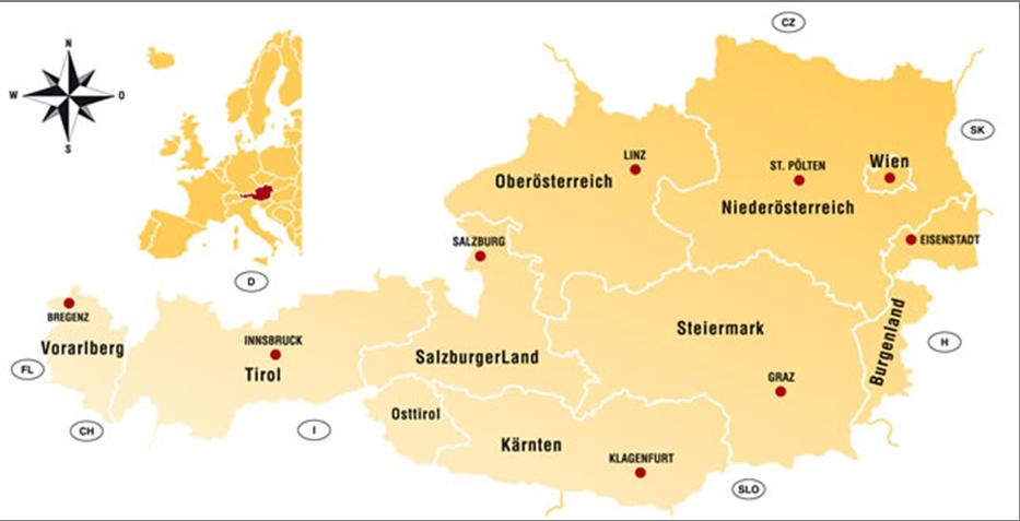 1. SPLOŠNE ZNAČILNOSTI DRŽAVE 1.1. DRUŽBENOGEOGRAFSKE ZNAČILNOSTI AVSTRIJE Avstrija je relativno majhna srednjeevropska država, ki pokriva 83.871 kvadratnih kilometrov površine.
