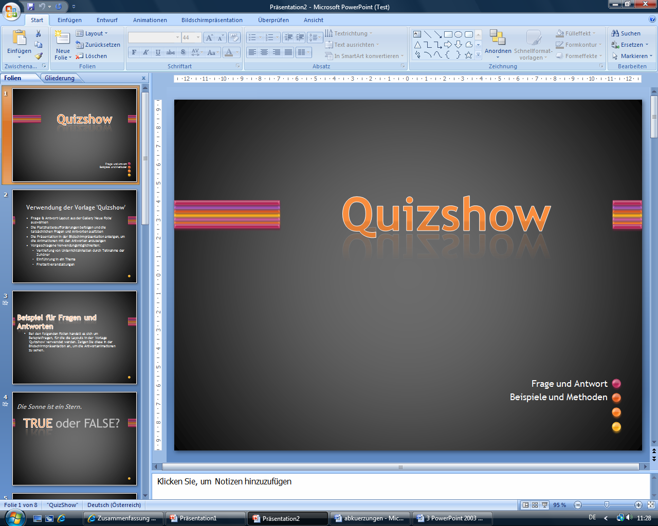 Grundlagen der Handhabung MS Powerpoint 2007 - Einführung Sie sehen auf dem PowerPoint-Bildschirm nun folgende Elemente: Ein großes Bild mit der aktuellen Folie (hier die Titelfolie).