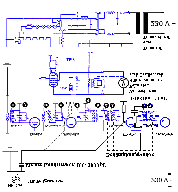 Meßaufbau Abgleich ZF mit Bedämpfung Bild 13: Beispiel Messaufbau Allstrom- Superhet, mit relevanten Schaltungsausschnitten für die anzuwendenden Anschlüsse der Messmittel