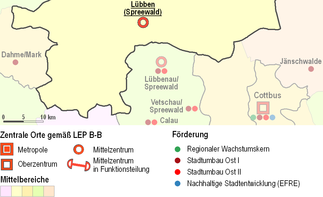 Zudem erhöht sich die Netzdichte der Mittelzentren, in dem neben Lübben (Spreewald) und Königs Wusterhausen auch Schönefeld und Wildau diese Funktion in Funktionsteilung zusätzlich übernehmen.