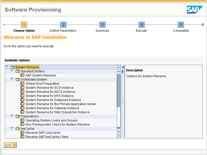 System rename Two execution options 2 Standalone directly in SAPinst execution with dialogs For