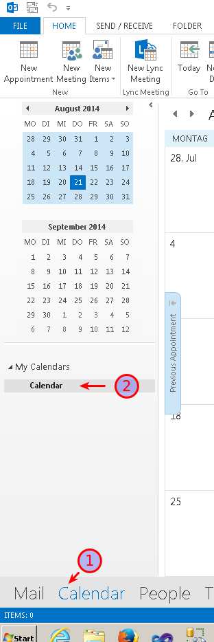 3.2. Outlook 2013 a) Öfnen Sie Outlook 2013 und wechseln Sie auf Kalendar zuunterst