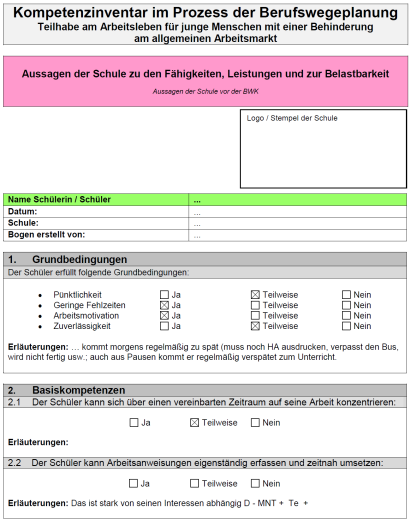 Im Verlauf der Berufswegeplanung Teil: Aussagen der Schule Beschreiben Sie konkret individuelle Stärken und Schwächen des Schülers Erläutern Sie stichwortartige Ihre Bewertungen bei Ja/Teilweise/Nein