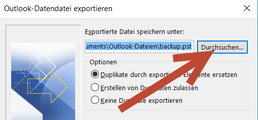 Entweder sichern wir die ganze Outlook Datei mit allen Unterordnern, das heisst, alles komplett. Damit machen wir eine Gesamtsicherung. oder wie hier nur die Kontakte.