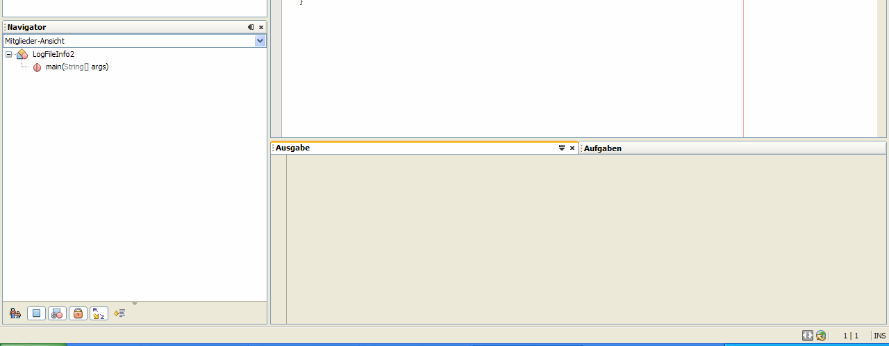 alternativ kann die Directory-Struktur des Projekts dargestellt werden (Reiter "Dateien" Datei-Fenster) Editor-Fenster zum Editieren der jeweils ausgewählten Quelldatei, stellt nach der