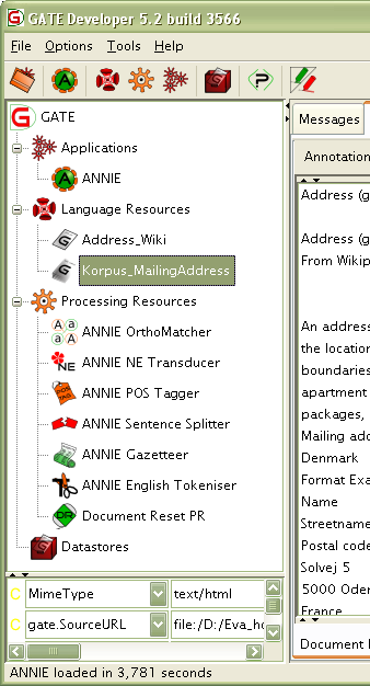 ANNIE laden Annie-Taste drücken klick mit/ohne Defaultparameter Applications / Annie erscheint voreingestellte Processing Resources von ANNIE werden