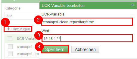 Ausführungs-Zeit festlegen 1. Klicken Sie erneut auf den Button Hinzufügen. 2. Tragen Sie im Feld UCR-Variable ein: cron/opsi-clean-repository/time 3. Tragen Sie im Feld Wert die Ausführungszeit ein.